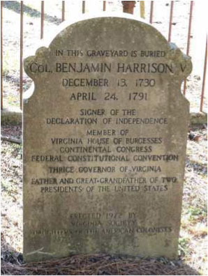 Image of Benjamin Harrison V's gravestone, found at Berkeley Plantation